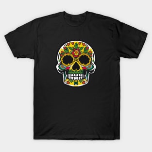 Vibrant Harmony: Colorful Yellow and Green Sugar Skull Art T-Shirt